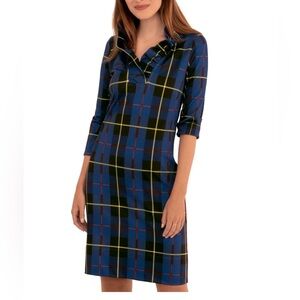 GRETCHEN SCOTT RUFF NECK DRESS - PLAIDLY COOPER - NAVY PLAID- Size XS